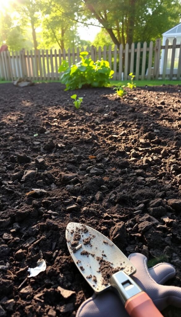 A lush, verdant vegetable garden soil, freshly tilled and prepped for planting. The rich, dark earth is dotted with bits of organic matter, ready to nourish the future crops. Sunlight filters through the trees, casting a warm, golden glow over the scene. In the foreground, a trowel and gardening gloves lie beside a pile of compost, hinting at the nurturing care that will be lavished on this plot. The middle ground showcases the smooth, fine-textured soil, inviting the viewer to imagine the vibrant plants that will soon take root. In the background, a wooden fence and a hint of a greenhouse or shed provide a sense of enclosure and protection for this budding oasis of productivity.