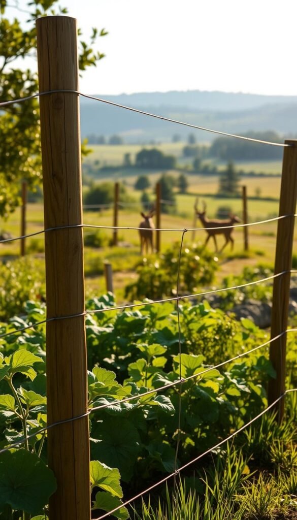 A lush, verdant vegetable garden surrounded by a sturdy deer fence, illuminated by warm, natural sunlight. The foreground features a well-crafted wooden fence with delicate wire mesh, seamlessly blending into the landscape. In the middle ground, various vegetable plants thrive, protected from the grazing deer. The background showcases a serene countryside setting, with rolling hills and a distant treeline. The overall scene conveys a sense of security and harmony, where the garden's bounty is safeguarded from wildlife intruders.