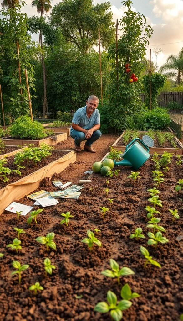 A lush, verdant vegetable garden, with soil-filled raised beds and freshly tilled earth. In the foreground, a beginner gardener kneels, surrounded by a jumble of seedlings and uprooted plants - a testament to common planting mistakes. The middle ground reveals scattered seed packets, misaligned rows, and a watering can tipped over, creating a puddle. In the background, towering tomato plants and tangled vines suggest an overgrown, haphazard layout. Soft, warm lighting filters through fluffy clouds, casting a golden glow over the scene, conveying a sense of learning and growth, even in the face of setbacks.