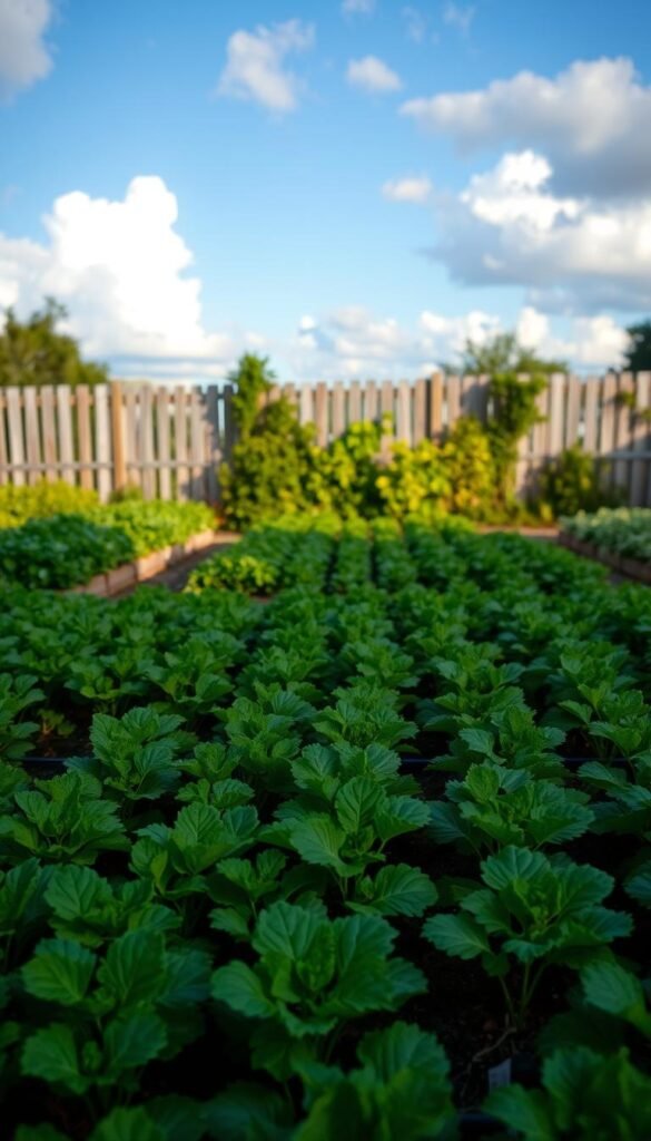A lush, verdant vegetable garden with two distinct layout methods - neat rows of plants in the foreground, and a tidy square foot grid in the middle ground. The background features a weathered wooden fence and a clear blue sky with fluffy white clouds. Soft, natural lighting casts a warm glow over the scene, highlighting the healthy, vibrant foliage. The camera angle is slightly elevated, providing an overview of the garden's carefully planned design. The overall mood is one of order, productivity, and a connection to the natural world.