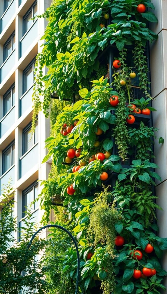 A lush, verdant vertical garden cascades down the side of a modern urban building. Towering shelves brimming with a variety of thriving greenery - leafy kale, vibrant tomatoes, fragrant herbs - create a stunning living tapestry. Warm sunlight filters through the foliage, casting gentle shadows and highlighting the textures of the plants. The garden is meticulously designed, with clean lines and efficient use of space, showcasing the versatility and productivity of vertical farming. The overall scene exudes a sense of tranquility and sustainability, inspiring observers to embrace this space-saving technique for maximizing their own bountiful harvests.