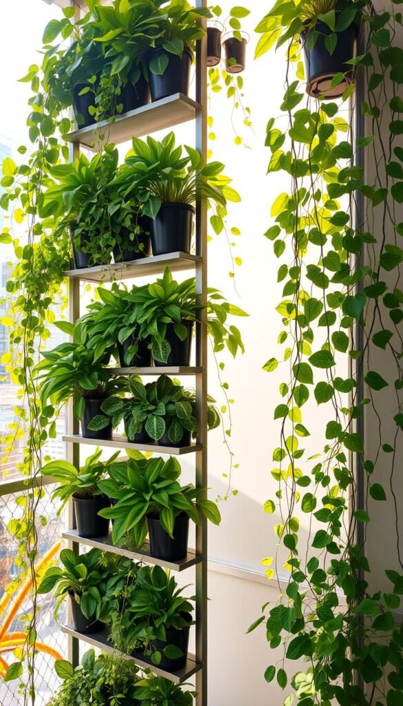 A lush, verdant vertical garden structure stands tall, its tiered shelves bursting with an array of thriving potted plants. The sunlight filters through the leaves, casting a warm, natural glow. The structure is made of sleek, modern metal, its clean lines complementing the organic foliage. Trailing vines cascade gracefully, adding a touch of whimsy. The overall composition conveys a sense of harmony and efficient use of limited space, inspiring the viewer to explore the possibilities of compact, vertical gardening.