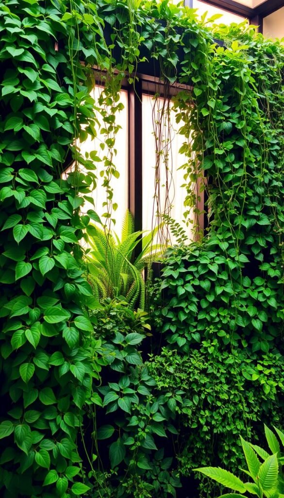 A lush, verdant vertical garden with cascading, abundant foliage. In the foreground, vibrant green leaves and vines spill over a modular wall planter system, creating a naturalistic tapestry. The middle ground features a variety of trailing and upright plants, their diverse textures and hues complementing each other. In the background, the garden is framed by a sheer, softly lit window, allowing the plants to bask in warm, diffused light. The overall composition evokes a sense of tranquility and vitality, showcasing the beauty and versatility of a space-saving vertical garden.