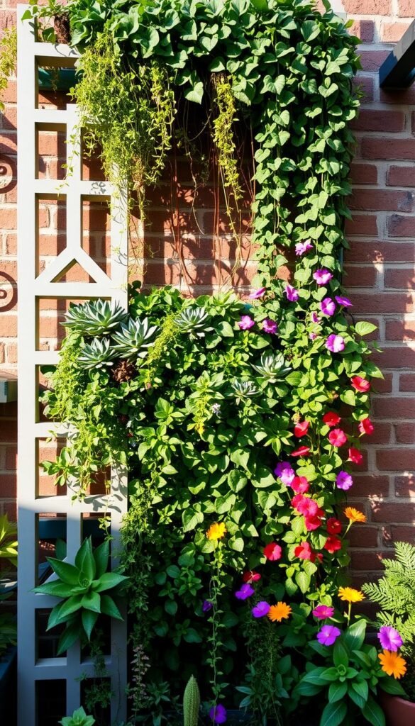 A lush, verdant vertical garden with cascading vines, vibrant flowers, and unique architectural elements. The foreground features a striking modern trellis system with geometric shapes and clean lines, supporting a diverse array of thriving plants. The middle ground showcases a blend of trailing succulents, climbing ivy, and colorful blooms spilling over the edges, creating a visually captivating display. In the background, a weathered brick wall provides a textural contrast, bathed in soft, natural lighting that casts gentle shadows and highlights the depth and dimensionality of the garden. The overall composition exudes a serene, harmonious atmosphere, inspiring creative solutions for small-space gardening.