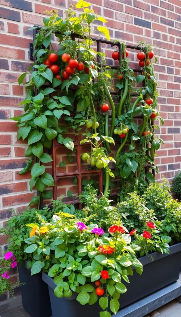 A lush, vertical edible garden set against a backdrop of a brick wall. In the foreground, neatly arranged planters cascading with leafy greens, herbs, and vibrant edible flowers. The middle ground features a trellis system supporting climbing vines of tomatoes and beans, their ripe fruits visible. Warm, diffused sunlight filters through the foliage, casting soft shadows and creating a sense of depth. The overall composition emphasizes the efficient use of vertical space, showcasing a harmonious blend of form and function in a beautiful, urban-inspired setting.