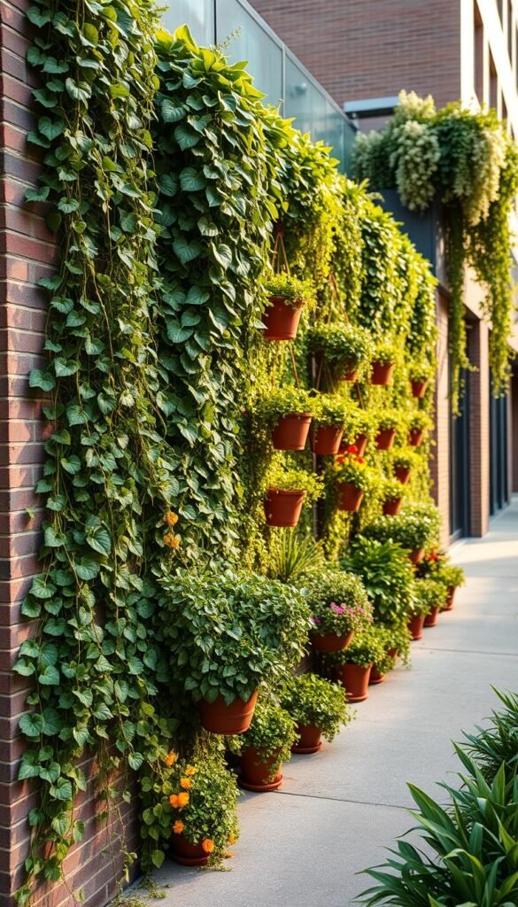 A lush, vertical garden cascading down a brick wall, showcasing the transformation from a plain surface to a vibrant, living display. In the foreground, a variety of trailing vines, leafy plants, and colorful flowers spill over the edges, creating a natural, cascading effect. The middle ground features potted plants and hanging baskets, strategically arranged to maximize the vertical space. Soft, diffused lighting illuminates the scene, casting warm shadows and highlighting the textures of the foliage. The background is a clean, urban setting, with the vertical garden serving as a stunning contrast to the built environment. The overall atmosphere is one of tranquility, growth, and the harmonious integration of nature into an urban landscape.