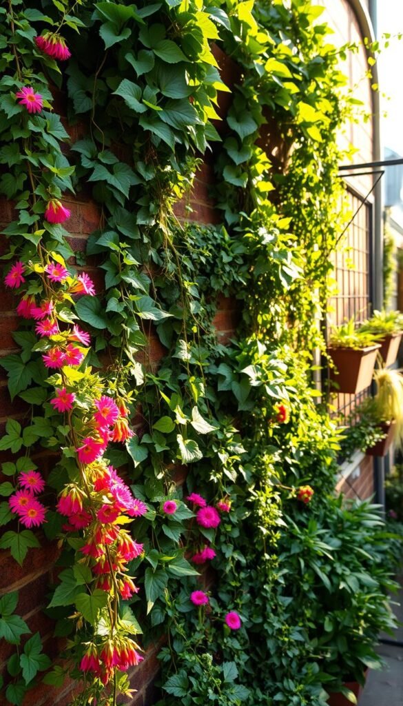 A lush, vertical garden cascading down a rustic brick wall, bathed in warm, natural lighting that filters through the verdant foliage. In the foreground, vibrant flowering plants and trailing vines spill over the edges, creating a sense of abundance and vitality. The middle ground features a carefully curated selection of leafy, textural plants arranged in a harmonious, asymmetrical composition, drawing the eye upwards. The background showcases the structural elements of the garden, with metal trellises or wooden planters creating a framework for the verdant display. The overall scene exudes a sense of tranquility and balance, with the vertical garden serving as a beautiful, space-saving solution for patio or balcony settings.