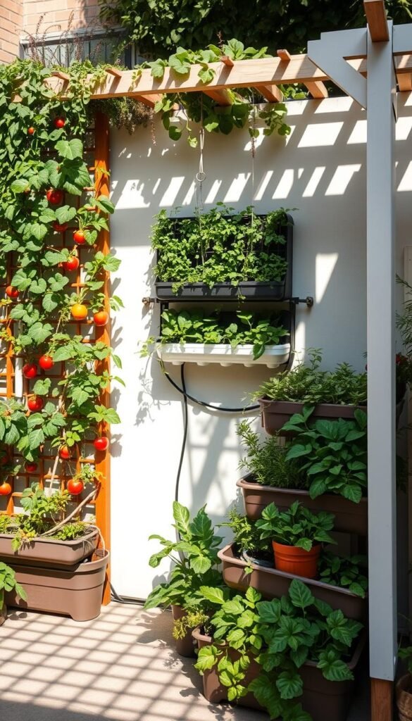 A lush, vertical garden showcasing various techniques for growing plants in a compact, space-saving manner. In the foreground, a tidy arrangement of tiered planter boxes cascades down a trellis, bursting with vibrant foliage and ripe vegetables. The middle ground features a wall-mounted hydroponic system, its sleek, minimalist design complementing the natural textures of the plants. In the background, a simple pergola frames the scene, its lattice-work creating dramatic shadows and patterns on the ground. The lighting is soft and natural, casting a warm, inviting glow over the entire composition. The overall mood is one of urban sustainability and efficient use of limited outdoor space.