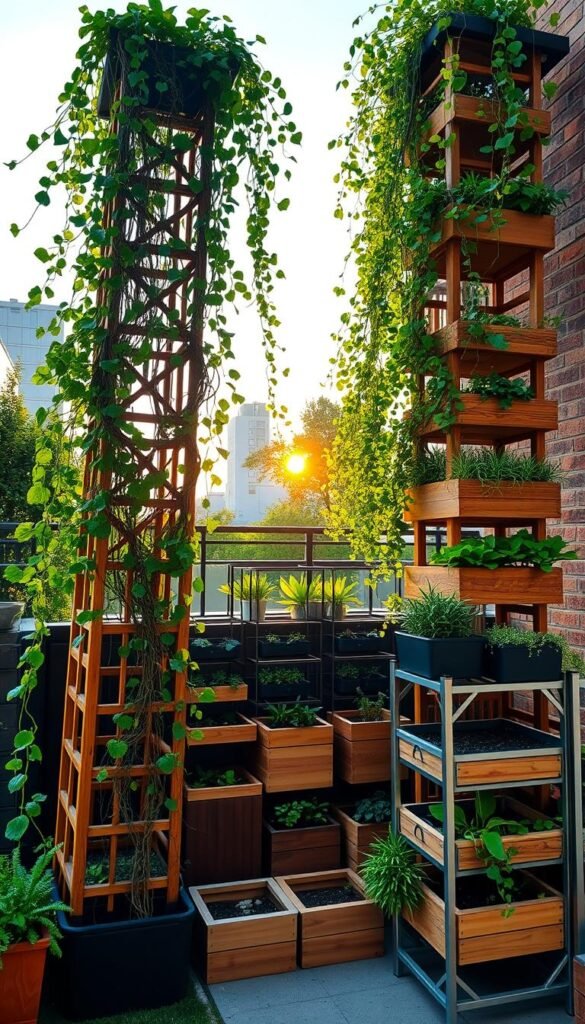 A lush, vertical garden structure towers in the foreground, its intricate framework of lattices and trellises supporting a verdant cascade of leafy vines and trailing plants. The middle ground features a variety of modular, stackable planter boxes in a mix of natural wood and sleek metal, arranged in an orderly, space-saving configuration. In the background, the structure is framed by a backdrop of a sun-dappled urban setting, with the soft, warm glow of a golden hour illuminating the scene. The overall composition conveys a sense of harmony between nature and modern design, showcasing the versatility and aesthetic appeal of vertical gardening solutions for small or urban yards.