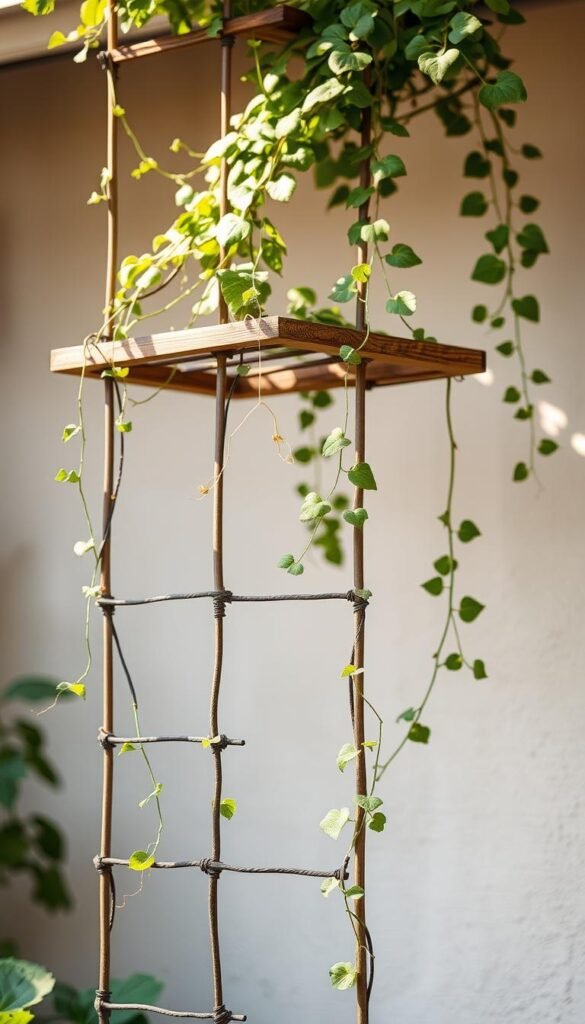 A lush, vertical garden support system stands tall, its intricate lattice of wooden beams and metal rods creating a stunning focal point against a soft, blurred background. Delicate vines and trailing foliage cascade gracefully, adding a touch of natural beauty and texture. The scene is illuminated by warm, directional lighting, casting gentle shadows and highlighting the details of the structure. The overall composition conveys a sense of balance, harmony, and the efficient use of limited space, perfectly suited for a small backyard vegetable garden.