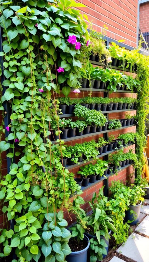 A lush vertical garden with a variety of thriving plants in an urban backyard setting. In the foreground, a mix of leafy greens, vibrant flowering plants, and cascading vines cascade down a sturdy trellis system. The middle ground features a variety of potted herbs and smaller vegetables neatly arranged on tiered shelves, creating a visually striking and space-efficient layout. In the background, a brick wall or fence provides a natural backdrop, complemented by the warm glow of natural sunlight filtering through the foliage. The overall scene conveys a sense of abundance, productivity, and harmony within a small urban space, inspiring viewers to consider the possibilities of vertical gardening.