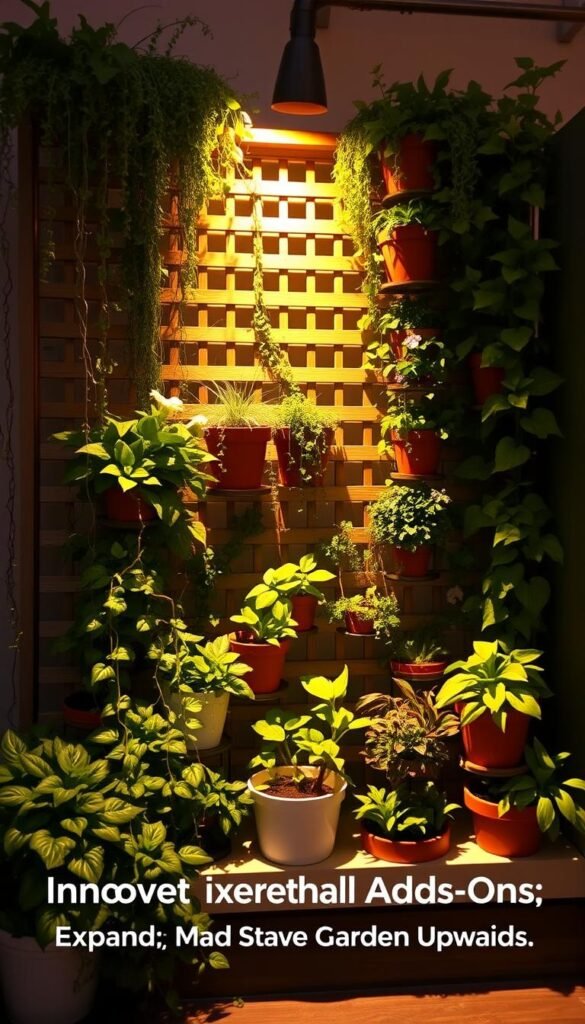 A lush vertical garden with an array of planters and a sturdy trellis structure, bathed in warm, soft lighting that creates a serene, inviting atmosphere. The foreground features a variety of trailing vines and cascading foliage, while the middle ground showcases a mix of potted plants in varying sizes and shapes. The background is adorned with a well-crafted trellis, providing a natural and elegant framework for the verdant display. The overall composition conveys a sense of harmony and the thoughtful integration of form and function, perfectly embodying the concept of "Innovative Vertical Add-Ons: Expand Your Small Space Garden Upwards".