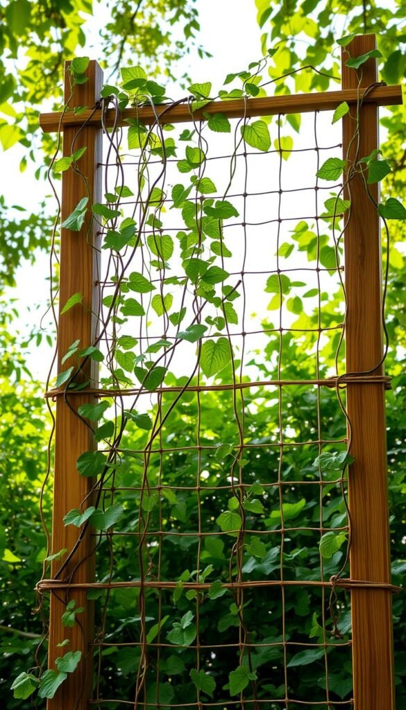 A lush, vertical gardening trellis rises gracefully against a backdrop of verdant foliage. The structure is composed of sturdy wooden posts and cross-beams, supporting a lattice of thin, woven vines that ascend towards the sky. Vibrant, leafy vines cling to the trellis, their tendrils reaching upwards, creating a mesmerizing, three-dimensional tapestry of greenery. Soft, diffused sunlight filters through the leaves, casting delicate shadows and imbuing the scene with a serene, natural ambiance. The trellis is positioned in the foreground, drawing the viewer's attention to its elegant, functional design and the productive, space-saving potential of vertical gardening methods.