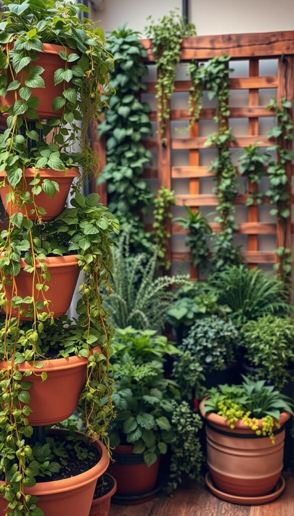 A lush, vertical herb garden showcasing an array of fragrant botanicals. In the foreground, a series of tiered planters cascade with cascading vines and vibrant foliage. The middle ground features a mix of potted herbs, their leaves gently swaying in a soft, ambient light. In the background, a rustic wooden trellis serves as a natural framework, creating a sense of depth and warmth. The overall composition evokes a serene, earthy atmosphere, inviting the viewer to imagine the aroma and flavor of the homegrown herbs. Captured with a wide-angle lens, the image emphasizes the vertical orientation and the effortless integration of the garden into the indoor space.