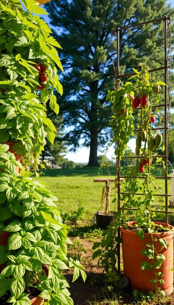 A lush, vertical vegetable garden thriving in a serene, sun-dappled backyard. In the foreground, a cascading array of leafy greens and vibrant vegetables spilling from tiered planters, meticulously tended. The middle ground showcases a sturdy trellis system supporting vines laden with ripening tomatoes and cucumbers, casting soft shadows. In the background, a verdant backdrop of towering trees and a clear blue sky, creating a tranquil, pastoral atmosphere. Warm, diffused lighting filters through the foliage, highlighting the garden's bountiful harvest. The scene evokes a sense of harmony, productivity, and the joys of self-sufficient living.