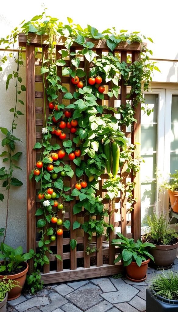 A lush, vertical vegetable garden trellis stands tall against a backdrop of a cozy, sun-drenched patio. The structure is made of sturdy, weathered wood, its lattice-like framework providing ample support for climbing vines and leafy greens. Vibrant tomato plants, trailing beans, and fragrant herbs cascade down the trellis, creating a verdant, inviting display. Soft, dappled light filters through the canopy, casting warm shadows and adding depth to the scene. The patio itself is paved with rustic, textured pavers, surrounded by potted herbs and small-scale raised beds, reflecting a harmonious, low-maintenance gardening approach tailored for tight urban spaces.