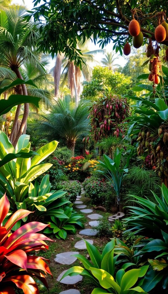 A lush, vibrant backyard oasis filled with exotic tropical fruit plants. In the foreground, a variety of large-leafed, colorful plants like banana trees, pineapple, and dragon fruit vines cascade over winding garden paths. The middle ground showcases a mix of fruit-bearing trees - mango, papaya, and guava - their branches heavy with ripe, jewel-toned produce. Dappled sunlight filters through the dense canopy, casting a warm, golden glow over the scene. The background features a towering, verdant jungle of unusual citrus, passion fruit, and starfruit plants, hinting at the bountiful surprises waiting to be discovered. The overall mood is one of a tropical paradise, lush and inviting, ready to transport the viewer on an adventure of exotic flavors and lush, sensory delights.