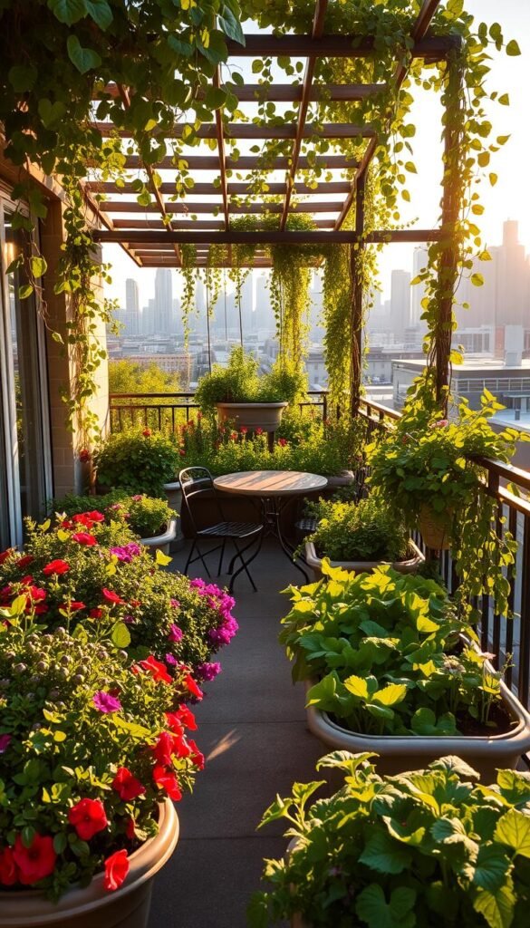 A lush, vibrant balcony garden bathed in warm, golden afternoon light. In the foreground, overflowing planters bursting with thriving vegetables, herbs, and cascading flowers. A small bistro table and chairs create an inviting outdoor oasis. In the middle ground, trellises support climbing vines and trailing greenery, casting delicate shadows. The background features a cityscape skyline, highlighting the harmonious coexistence of urban living and nature. The overall atmosphere exudes a sense of tranquility, productivity, and the rewarding benefits of cultivating a personal green haven, even in a compact, elevated space.