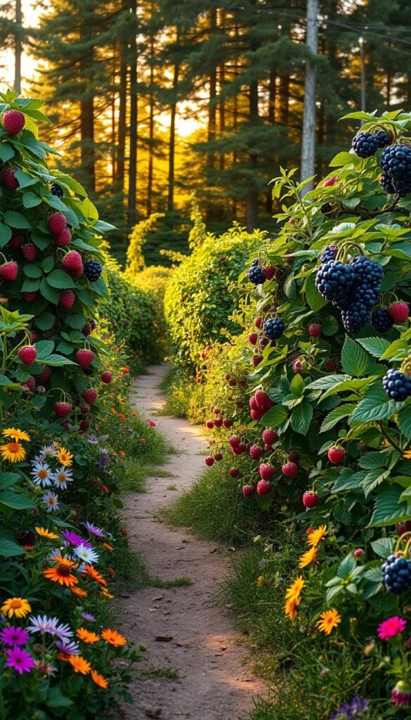 A lush, vibrant berry garden with cascading raspberry canes, plump blueberries, and glossy blackberries. The foreground features a winding path lined with colorful wildflowers, inviting visitors to explore the bountiful harvest. The middle ground showcases the fruit bushes in various stages of growth, their leaves and berries glistening in the warm, golden sunlight filtering through the canopy of tall trees in the background. The scene evokes a sense of tranquility and abundance, perfect for a cozy, rural setting.