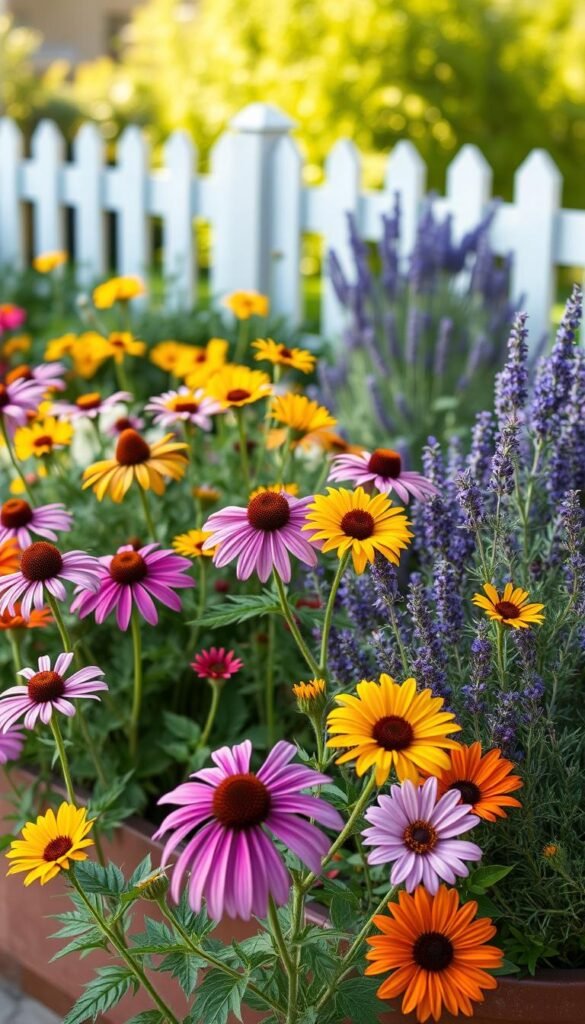 A lush, vibrant container garden overflowing with pollinator-friendly blooms. In the foreground, a variety of colorful flowers including purple coneflowers, yellow sunflowers, and pink cosmos sway gently in a soft breeze. The middle ground features bushy lavender and fragrant rosemary plants, their delicate petals and leaves illuminated by warm, golden sunshine. In the background, a blurred view of a cottage-style fence and verdant foliage creates a cozy, inviting atmosphere. The entire scene is captured with a wide-angle lens, emphasizing the abundance and diversity of the pollinator-friendly plants.