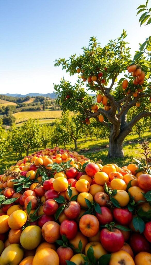 A lush, vibrant display of diverse fruit tree varieties in an orchard setting. In the foreground, a colorful array of ripe, succulent fruits in hues of red, yellow, and green, each variety distinctly showcased. The middle ground features the sturdy, gnarled trunks and sprawling canopies of mature fruit trees, their branches heavy with bountiful yields. In the background, a tranquil, sun-dappled landscape, with rolling hills and a clear, azure sky, creating a serene and inviting atmosphere. The scene is captured through a wide-angle lens, highlighting the harmonious integration of the various fruit tree species and their natural surroundings. Soft, diffused lighting bathes the entire composition, lending a warm, golden glow and accentuating the vibrant colors and textures of the fruit and foliage.