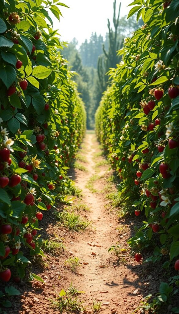A lush, vibrant fruit bush garden in soft morning light. Rows of plump, juicy berries nestled amongst verdant foliage and delicate flowers. A gentle breeze rustles the leaves, casting dappled shadows on the rich soil below. The scene exudes a sense of abundance and tranquility, inviting the viewer to experience the simple pleasures of home-grown produce. In the background, a winding path leads deeper into the garden, hinting at the hidden delights and benefits that await the new grower. Captured with a wide-angle lens to showcase the expansive, naturalistic composition.