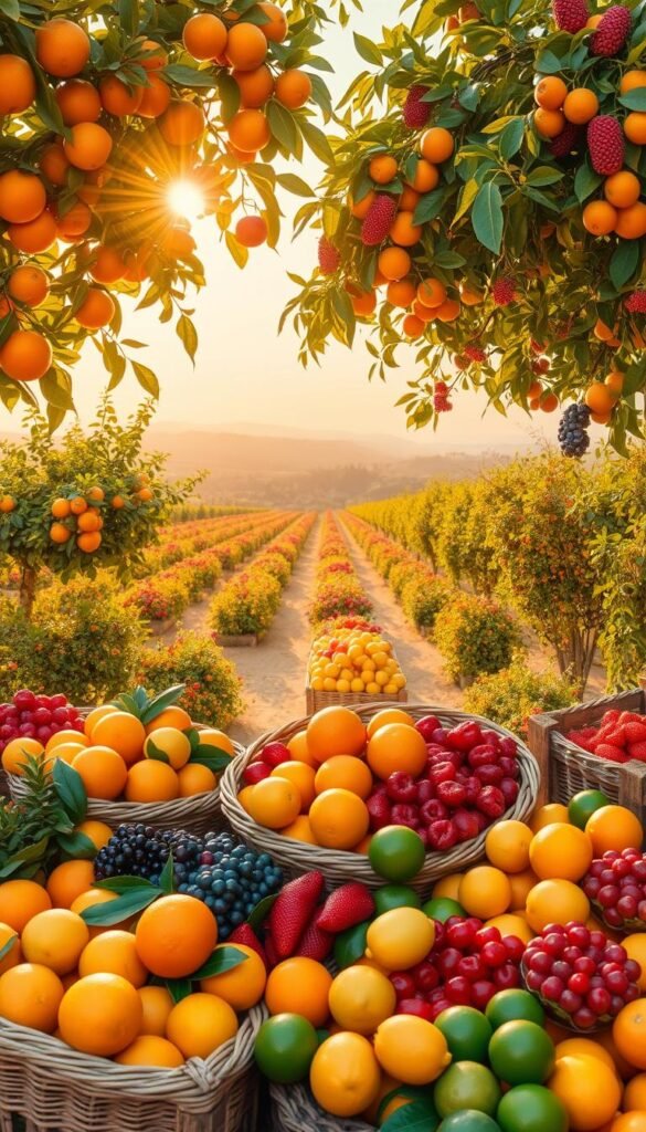 A lush, vibrant fruit garden bursting with color and life. In the foreground, a bountiful arrangement of fresh, ripe fruits - oranges, lemons, limes, berries, and more - artfully arranged in woven baskets and wooden crates. The middle ground showcases a flourishing garden, with rows of fruit trees and vines laden with juicy produce, their leaves rustling in a gentle breeze. In the background, a dreamy, sun-dappled landscape unfolds, with rolling hills and a distant horizon. The scene is bathed in warm, golden light, creating a welcoming, inviting atmosphere. Capture the senses with this visual feast, a delightful celebration of the beauty and abundance of a thriving fruit garden.
