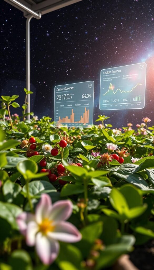 A lush, vibrant garden assessment in a tranquil, space-like setting. In the foreground, a diverse array of edible plants - leafy greens, colorful berries, and delicate flowers - thrive under soft, ambient lighting. The middle ground features a floating holographic display showcasing vital data and growth metrics. In the distance, a boundless, star-filled cosmos provides a serene, awe-inspiring backdrop. The composition strikes a balance between the natural and the futuristic, inviting the viewer to imagine the boundless possibilities of a self-sustaining, space-based fruit garden. Captured with a wide-angle lens to maximize the sense of scale and depth.