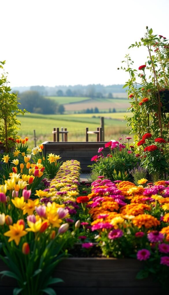 A lush, vibrant garden bed in the foreground, with rows of colorful flowers and vegetables interspersed. Carefully curated arrangements of early spring bulbs like tulips and daffodils, transitioning into summer blooms such as zinnias, marigolds, and tomato plants. A soft, diffused natural light filters through, creating a warm, inviting atmosphere. The composition is balanced, with a sense of order and intentionality, reflecting the thoughtful seasonal planting schedule. In the middle ground, a weathered wooden planter box frames the scene, while the background features a picturesque rural landscape, with rolling hills and a distant treeline. The overall mood is one of tranquility, productivity, and the cyclical nature of the growing season.