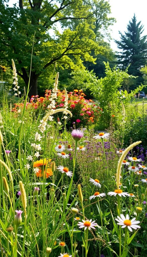 A lush, vibrant garden filled with a diverse array of native plants, bathed in soft, natural light. In the foreground, delicate wildflowers and grasses sway gently, their petals and leaves alive with pollinators – bees, butterflies, and hummingbirds – drawn to the abundant nectar and pollen. In the middle ground, clusters of blooming shrubs and flowering perennials create a layered, visually dynamic scene. The background features mature trees, their canopies filtering the sunlight and providing a serene, natural backdrop. The overall composition conveys a sense of harmony and abundance, a thriving pollinator ecosystem in perfect balance.