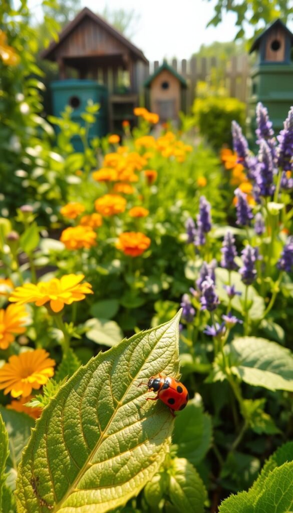 A lush, vibrant garden filled with a variety of plants and natural pest control methods. In the foreground, a lady beetle crawling on a leaf, representing biological control. In the middle ground, a row of companion plants like marigolds and lavender, deterring pests through companion planting. In the background, a compost bin and a birdhouse, promoting a healthy, balanced ecosystem. Warm, natural lighting illuminates the scene, creating a serene, eco-friendly atmosphere. Captured with a wide-angle lens to showcase the integrated approach to pest management in a compact garden setting.