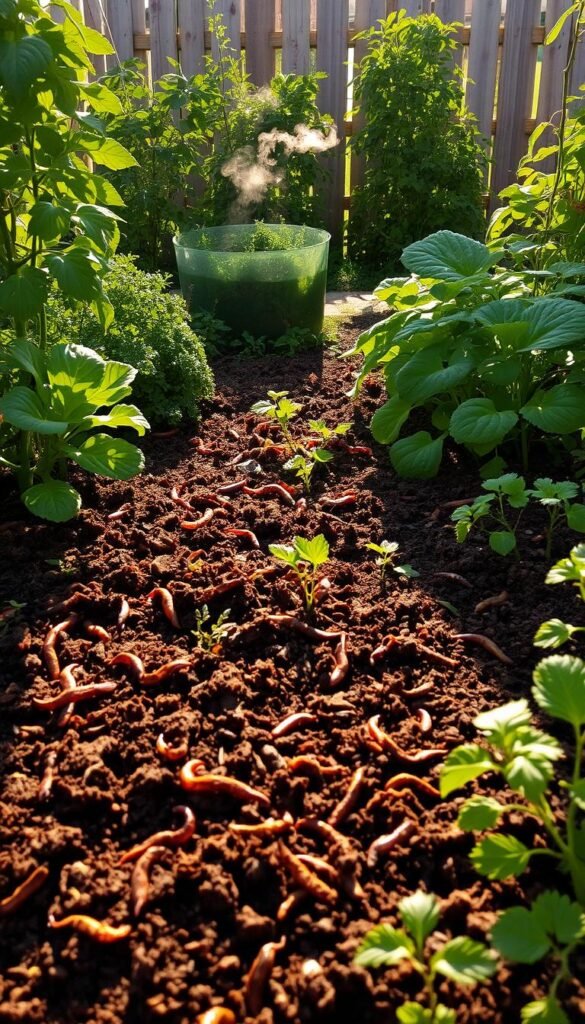 A lush, vibrant garden filled with thriving plants, rich in organic matter and nutrients. In the foreground, deep brown soil teeming with earthworms and microorganisms, the foundation of a healthy ecosystem. Diverse foliage in shades of green, from leafy kale to bushy tomato plants, casts dappled shadows in the warm, golden sunlight. A compost bin in the middle ground, steam rising from the decomposing matter, nourishing the soil. In the background, a wooden fence frames the scene, creating a sense of enclosure and privacy. The overall atmosphere exudes a feeling of harmony, where nature and human cultivation coexist in perfect balance.