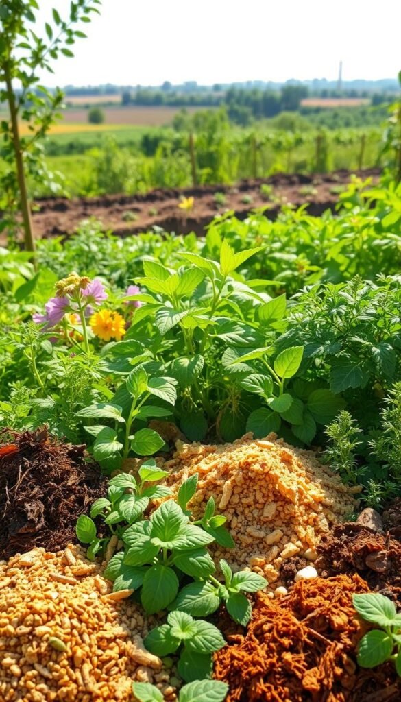 A lush, vibrant garden scene depicting various natural sources of plant nutrients. In the foreground, an arrangement of organic materials such as compost, worm castings, and seaweed extracts. In the middle ground, a diverse array of nutrient-rich plants like nitrogen-fixing legumes, phosphorus-accumulating roots, and potassium-rich herbs. The background showcases a panoramic view of a thriving, sustainable ecosystem with healthy soil, sunlight, and water. The lighting is soft and natural, capturing the essence of an eco-friendly, nourishing environment. The overall mood is one of balance, harmony, and the cycle of life that sustains plant growth.