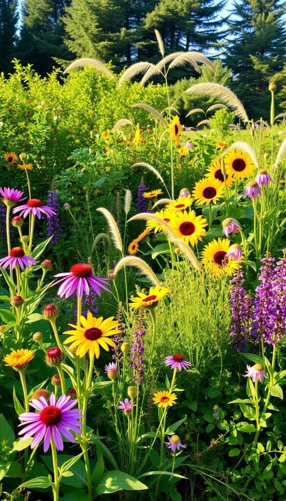 A lush, vibrant garden scene showcasing a diverse array of native plants that attract pollinating insects. The foreground features a variety of brightly colored wildflowers, including purple coneflowers, yellow sunflowers, and pink bee balm. The middle ground holds clusters of delicate native grasses and low-growing clover, providing additional nectar sources. In the background, a mix of leafy shrubs and tall, swaying native trees create a natural, woodland-like setting. The scene is bathed in warm, golden afternoon sunlight, casting soft shadows and highlighting the intricate details of the flora. The overall composition conveys a sense of harmony and abundance, celebrating the vital role of pollinators in a thriving, eco-friendly garden.
