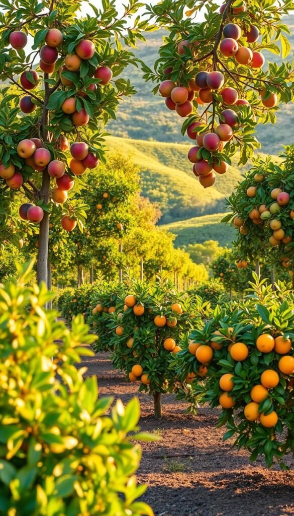A lush, vibrant garden scene with a variety of climate-appropriate fruit trees in the foreground. Mature apple, pear, and plum trees stand tall, their branches heavy with ripe, colorful fruits. The trees are backlit by warm, golden sunlight, casting gentle shadows across the well-tended soil. In the middle ground, younger, thriving citrus trees - oranges, lemons, and limes - dot the landscape, their glossy leaves and fragrant blossoms adding depth and complexity to the composition. The background features a verdant, rolling hillside, hinting at the ideal growing conditions for these diverse fruit trees. The overall scene conveys a sense of abundance, balance, and harmony within a carefully curated, climate-conscious fruit tree garden.