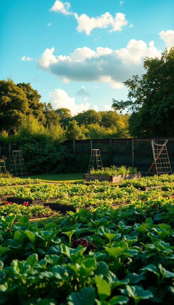 A lush, vibrant garden space assessment scene. A vast, well-tended vegetable patch fills the foreground, showcasing a diverse array of thriving plants. The midground features a raised garden bed, its neatly arranged crops basking in warm, golden sunlight. In the background, a picturesque wooden fence and a verdant tree line create a sense of depth and enclosure, while fluffy clouds drift across a serene, azure sky. The overall composition conveys a harmonious balance between the cultivated and the natural, inviting the viewer to explore the unique challenges and opportunities of this productive garden layout.