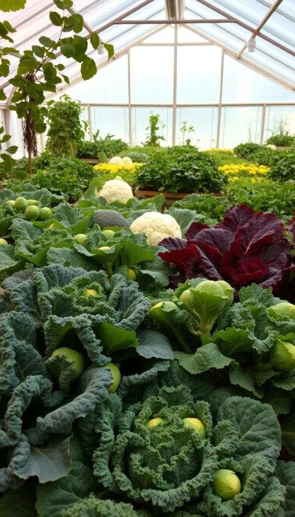 A lush, vibrant greenhouse interior filled with an array of cold-hardy vegetable varieties. In the foreground, robust kale plants with deep green leaves and wavy textures, complemented by the soft, rounded shapes of Brussels sprouts and the spiky, crimson foliage of Swiss chard. In the middle ground, the sturdy stalks of broccoli and cauliflower rise up, bathed in warm, diffused lighting that casts gentle shadows. In the background, a variety of leafy greens such as spinach, arugula, and mustard greens thrive, creating a harmonious tapestry of verdant hues. The overall scene exudes a sense of abundance, resilience, and the productive potential of a winter greenhouse.