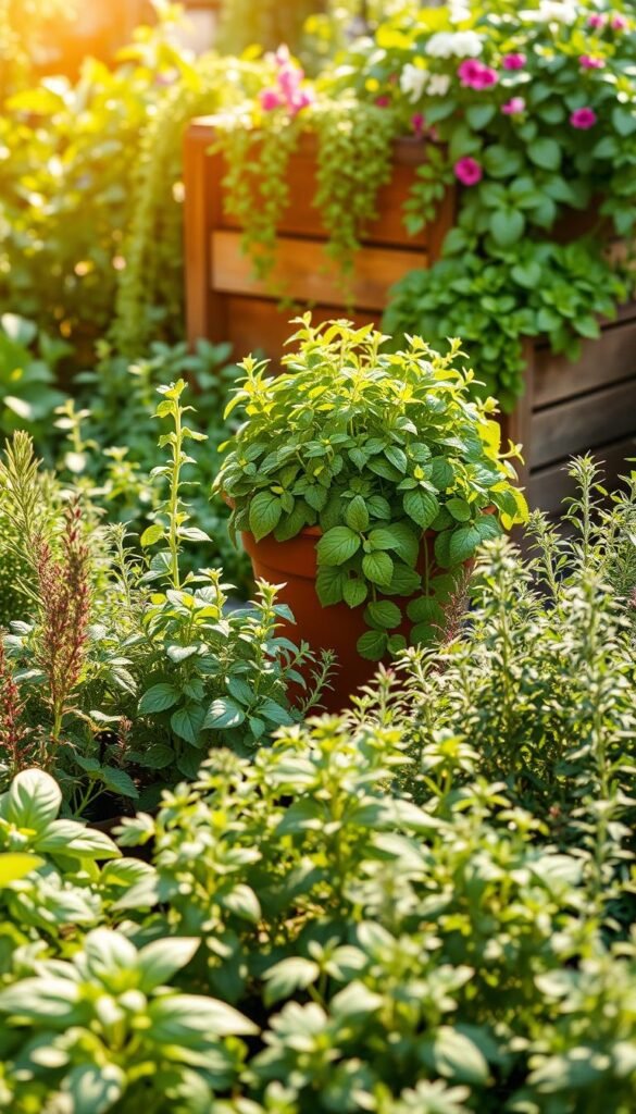 A lush, vibrant herb garden filled with various aromatic plants, illuminated by soft, warm natural lighting. In the foreground, rows of healthy, thriving herbs like basil, rosemary, thyme, and oregano sway gently in a light breeze. The middle ground features a terracotta planter overflowing with cascading vines of fragrant mint, while in the background, a wooden garden box holds a variety of leafy greens and edible flowers. The scene radiates a sense of tranquility and abundance, showcasing the bountiful benefits of cultivating a compact, flavorful kitchen herb garden.