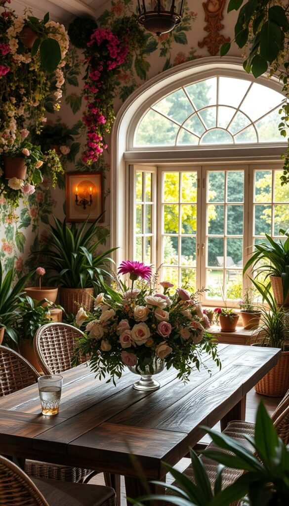A lush, vibrant indoor garden party, bathed in warm, natural lighting and filled with an abundance of blooming flowers, cascading vines, and potted plants. In the foreground, a delicate floral centerpiece adorns a rustic wooden table, surrounded by wicker chairs and cozy textiles. The middle ground features an elegant botanical wallpaper, complemented by ornate, gilded accents and soft, ambient lighting. In the background, a large bay window overlooks a verdant, sun-dappled outdoor garden, creating a seamless transition between the indoor and outdoor spaces. The overall atmosphere exudes a sense of tranquility, elegance, and a celebration of nature's beauty.