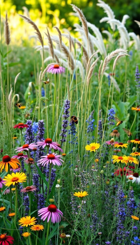 A lush, vibrant pollinator garden with a delicate balance of native flowers, herbs, and grasses. In the foreground, a mix of colorful blooms including coneflowers, lavender, and bee balm attract a flurry of buzzing pollinators. In the middle ground, a variety of textures and heights create visual interest, with tall swaying grasses, fragrant thyme, and cascading vines. The background features a soft, hazy blur of greenery, suggesting a tranquil oasis. Warm, diffused natural lighting bathes the scene, highlighting the garden's sustainable, all-season appeal. A sense of harmony and balance pervades the image, inviting the viewer to immerse themselves in this flourishing, bee-friendly haven.