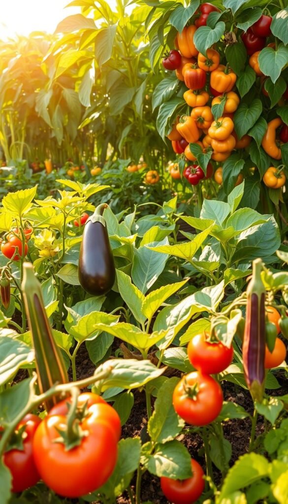 A lush, vibrant square foot garden showcasing a variety of heat-tolerant vegetable varieties. In the foreground, thriving tomato plants with ripe, sun-kissed fruits and sturdy okra plants with their distinctive pods. In the middle ground, a robust eggplant plant with glossy purple-hued fruits and a leafy collard green plant. In the background, a cluster of drought-resistant peppers in shades of red, orange, and yellow. The scene is bathed in warm, golden sunlight filtering through a canopy of verdant leaves, creating a sense of abundance and resilience. The overall composition highlights the diverse, resilient nature of these heat-tolerant crops, perfect for thriving in a hot, dry climate.