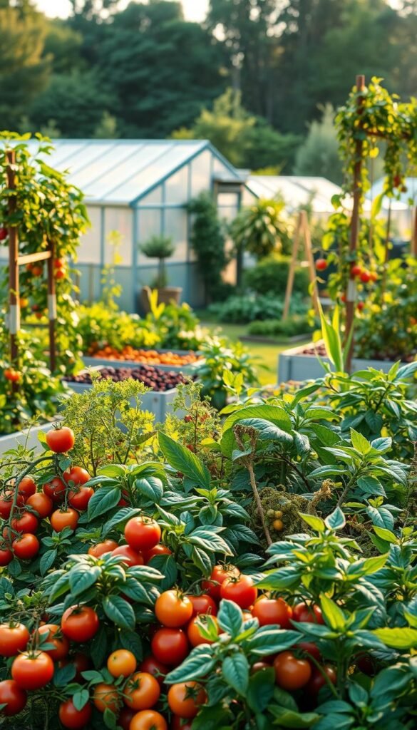 A lush, vibrant vegetable and fruit garden in the foreground, brimming with a variety of colorful produce - tomatoes, leafy greens, carrots, berries, and more. In the middle ground, raised garden beds and trellises supporting vines and climbing plants, creating a sense of layered growth. The background features a greenhouse or a small shed, surrounded by a well-maintained, diverse landscape that extends the growing season. Warm, diffused natural lighting filters through, casting a soft, inviting glow over the entire scene. The overall composition conveys a sense of abundance, efficiency, and year-round productivity in a harmonious, sustainable garden ecosystem.