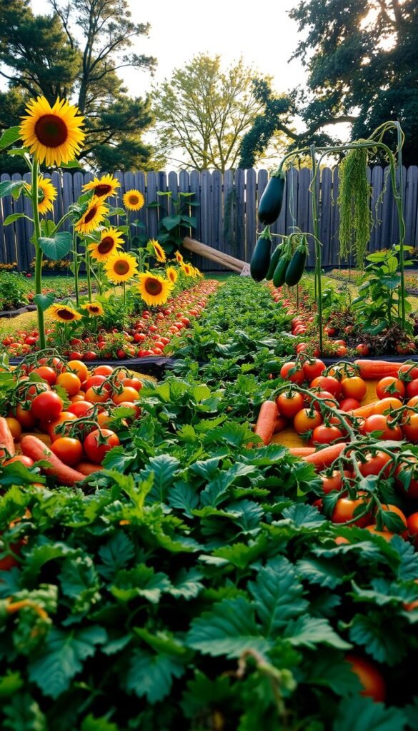 A lush, vibrant vegetable garden bursting with color and texture. In the foreground, rows of leafy greens, vibrant carrots, and plump tomatoes in shades of red, orange, and yellow. The middle ground features towering sunflowers and trailing vines of cucumbers and squash, creating a dynamic and intertwined composition. In the background, a wooden fence and mature trees frame the scene, casting a warm, natural light across the garden. The overall mood is one of abundance, joy, and a celebration of the earth's bounty. Captured with a wide-angle lens to showcase the garden's depth and dimension.