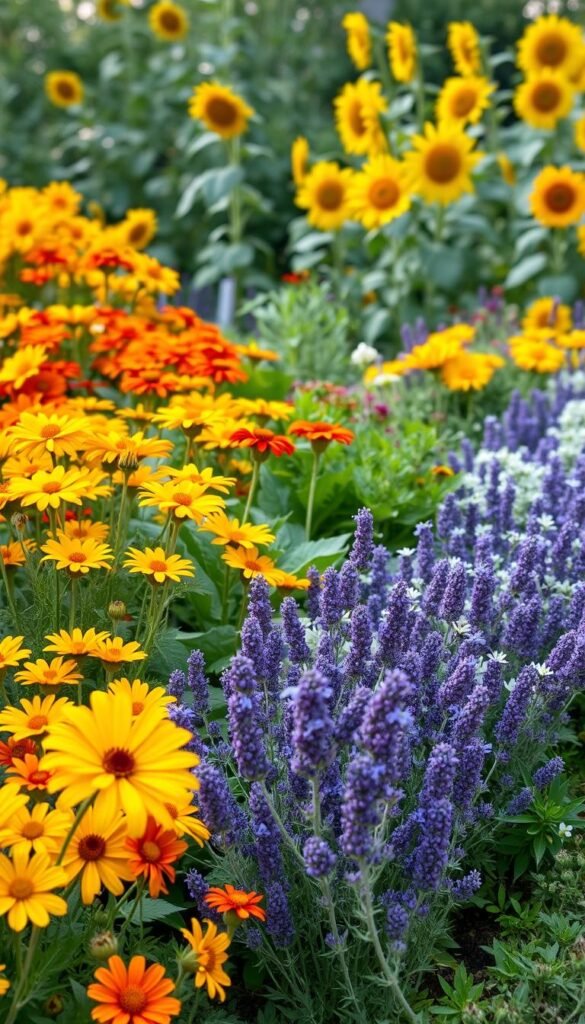 A lush, vibrant vegetable garden with an artful array of flower varieties carefully integrated throughout. In the foreground, a mix of blooming cosmos, marigolds, and zinnias in warm hues of yellow, orange, and red. In the middle ground, delicate purple lavender and fragrant white alyssum border the vegetable beds, creating a visually striking contrast. The background features a variety of towering sunflowers, their cheerful faces turning towards the sun. Soft, diffused natural lighting bathes the scene, lending a serene and inviting atmosphere. The overall composition showcases how thoughtfully selected flower companions can enhance the beauty and productivity of a thriving vegetable garden.