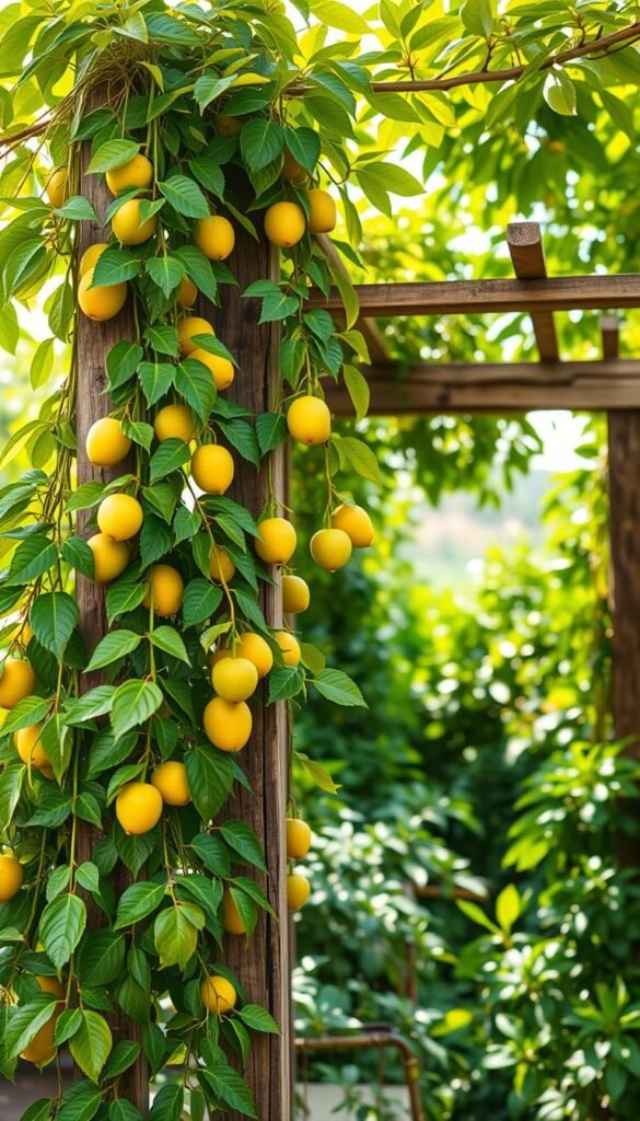 A lush, vibrant vertical passionfruit garden sprawling up a sturdy trellis. In the foreground, cascading vines with glossy green leaves and plump, golden passionfruit dangling tantalizingly. The midground features a meticulously crafted wooden trellis, weathered and rustic, providing a sturdy framework for the climbing plants. In the background, a sun-dappled garden scene with verdant foliage, creating a sense of depth and tranquility. Soft, warm lighting filters through the leaves, casting a gentle glow and highlighting the garden's natural beauty. Captured with a wide-angle lens to showcase the verticality and fullness of the passionfruit garden, creating an inviting and visually striking composition.