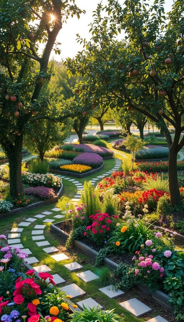 A lush, well-designed garden layout showcasing an array of fruit trees integrated seamlessly with vibrant flower beds and edible borders. The scene features a harmonious mix of mature apple, pear, and plum trees casting dappled shadows across a gently sloping landscape. In the foreground, raised garden beds brim with a colorful tapestry of blooming perennials, herbs, and leafy greens. Winding stone pathways invite exploration, leading the eye through the serene scene. Warm, golden sunlight filters through the canopy, creating a welcoming, naturalistic atmosphere. The composition emphasizes the beauty and functionality of blending edible elements with ornamental plantings, inspiring a sense of abundance and tranquility.