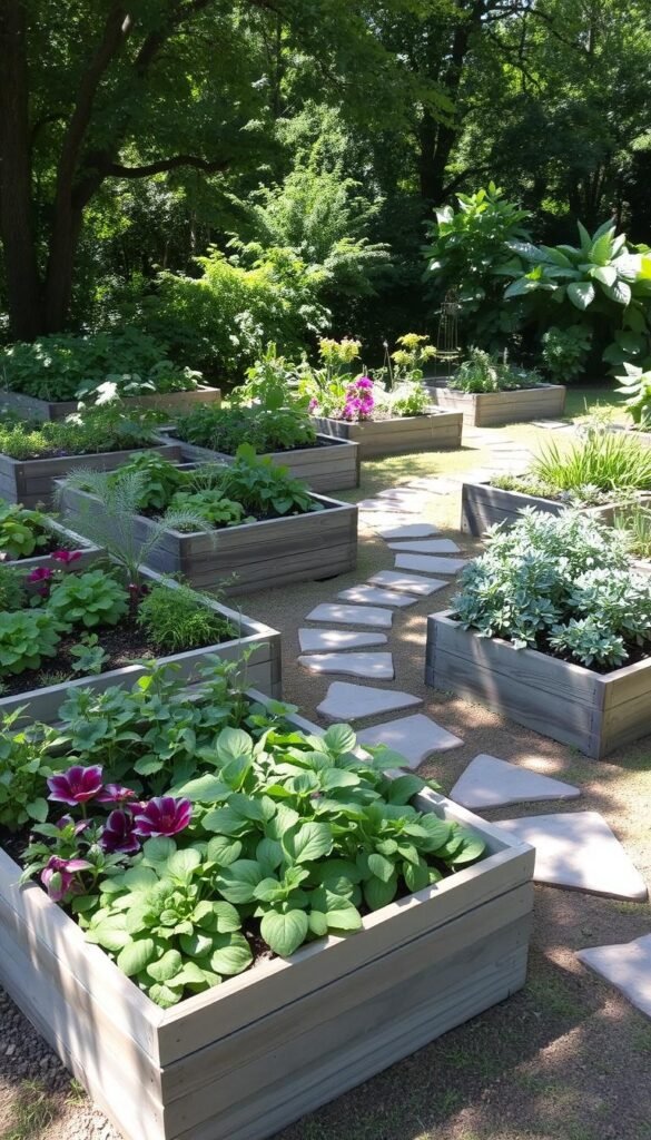 A lush, well-designed raised bed garden in a front yard setting. The beds are constructed with weathered wood, creating a rustic, natural aesthetic. Interspersed among the beds are decorative paving stones, forming meandering pathways that invite exploration. The plants within the beds are a vibrant mix of vegetables, herbs, and flowers, their colors and textures complementing each other. Dappled sunlight filters through the surrounding trees, casting gentle shadows and creating a warm, inviting atmosphere. The overall scene effortlessly blends functionality and beauty, showcasing how a front yard vegetable garden can be both productive and visually appealing.