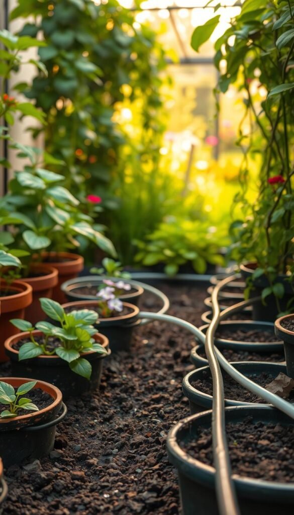 A lush, well-lit container garden with a focus on a drip irrigation system. In the foreground, a series of neatly arranged pots and planters, their soil glistening with moisture. Narrow tubing winds through the garden, delivering water directly to the root systems of the thriving plants. The middle ground showcases a variety of leafy greens, vibrant flowers, and trailing vines, all nourished by the efficient drip irrigation. In the background, a warm, natural light filters through, casting a gentle glow over the entire scene. The overall atmosphere conveys the effortless benefits of drip irrigation - a productive, healthy container garden requiring minimal manual watering.