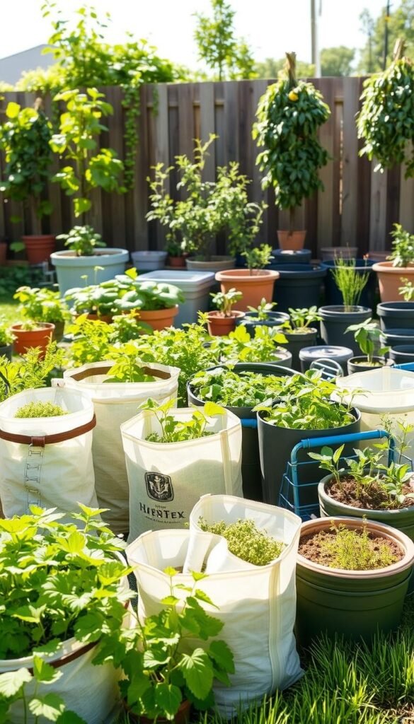 A lush, well-lit garden scene showcasing a variety of container gardening options. In the foreground, various types of grow bags - made of fabric, plastic, and biodegradable materials - are displayed, each filled with thriving plants. In the middle ground, classic plastic pots in different sizes and shapes are featured, arranged in an aesthetically pleasing manner. The background depicts a tranquil outdoor setting, with a wooden fence, some potted trees, and a hint of greenery spilling over the edges. The overall scene conveys a sense of abundance, balance, and the versatility of container gardening.
