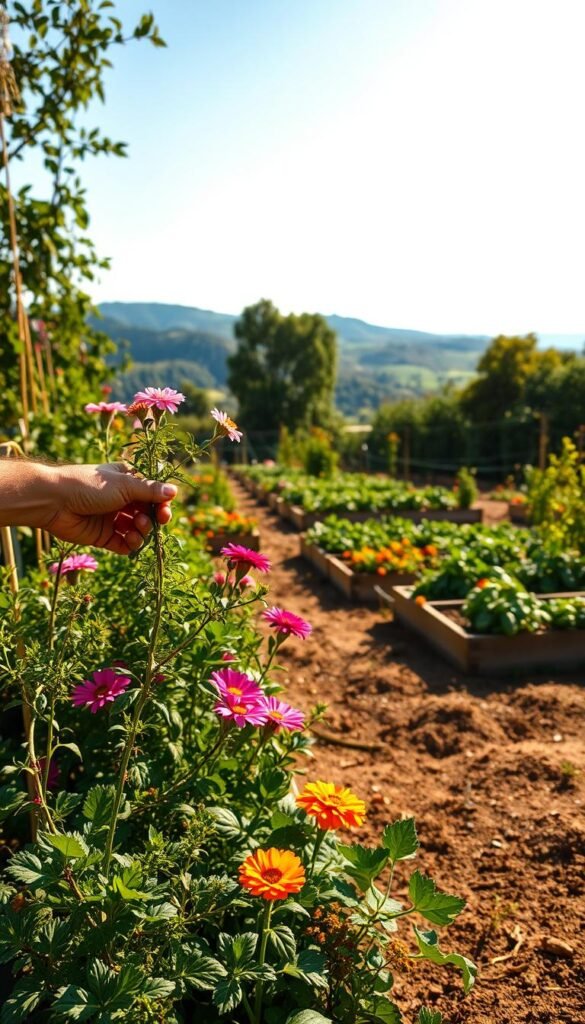 A lush, well-maintained garden in the midst of the changing seasons. In the foreground, a gardener tenderly prunes and tends to the vibrant flowers and herbs, their hands calloused from the hard work. The middle ground showcases neatly organized raised garden beds, each brimming with a variety of thriving fruits and vegetables. In the background, a picturesque backdrop of rolling hills and a clear, azure sky, bathed in warm, golden sunlight. The entire scene exudes a sense of peaceful productivity, reflecting the care and attention needed to cultivate an abundant, aesthetically pleasing edible garden throughout the year.